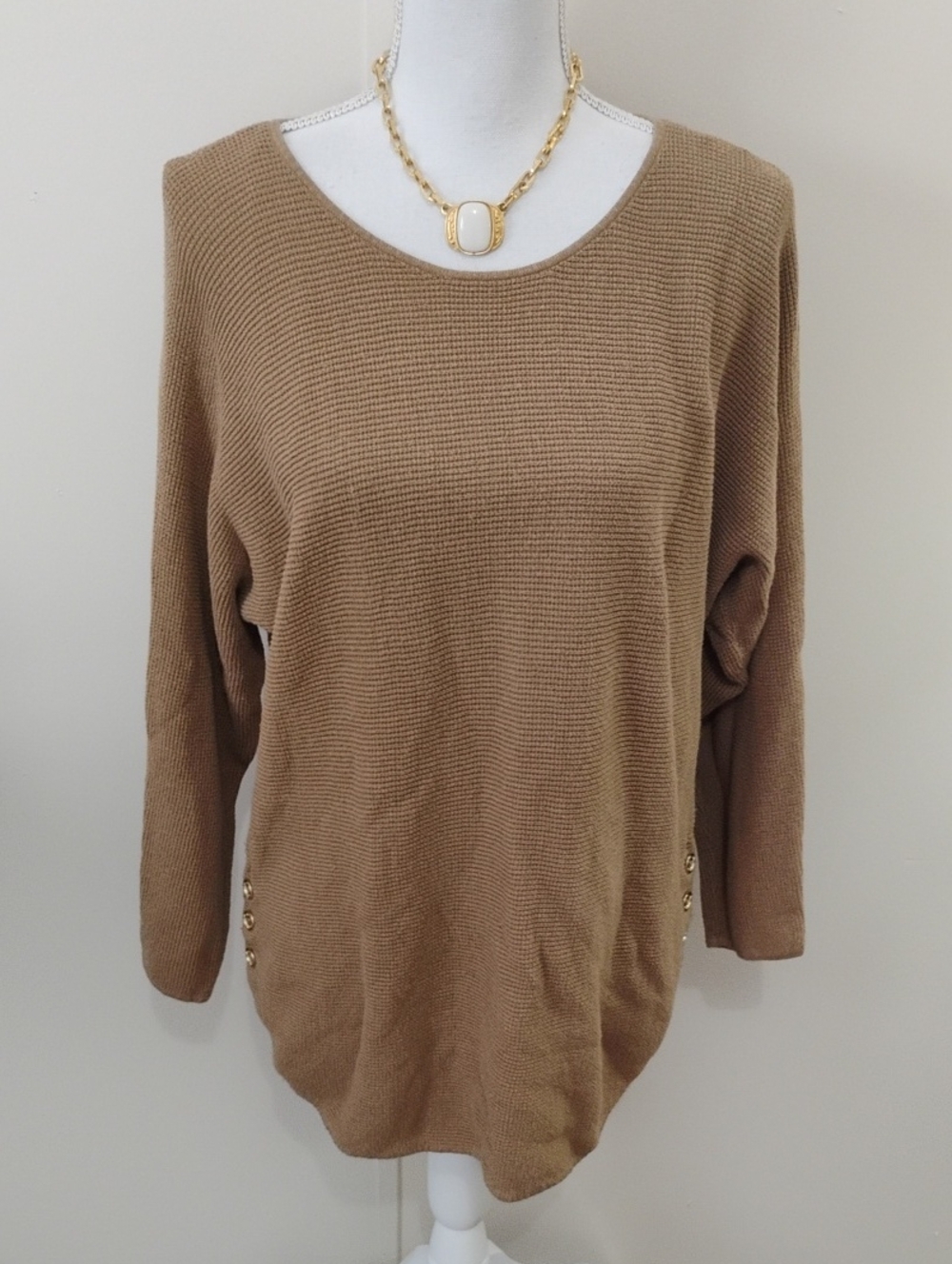 MICHAEL Michael Kors Fall Camel Crewneck Sweater with Side Button Detail